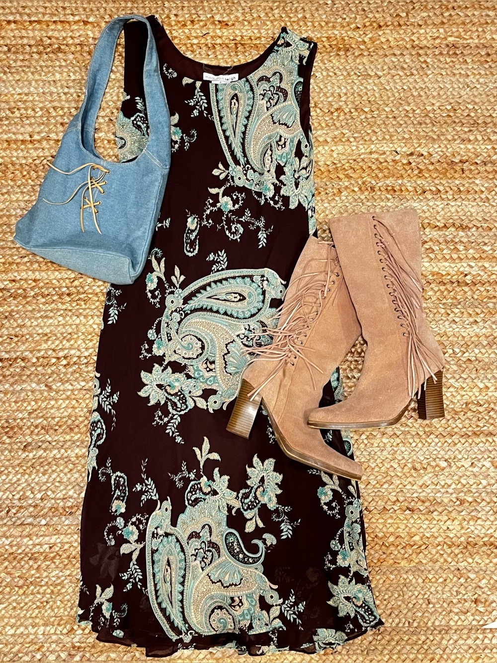 Y2K Chocolate Brown blue turquoise Paisley midi Dress